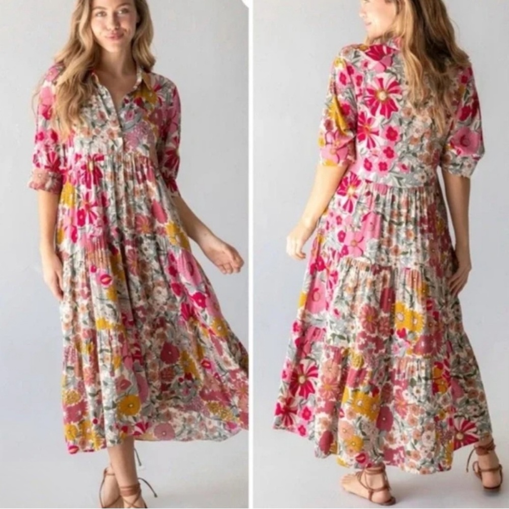 Natural Life Rebecca Midi Dress Vintage Floral Psychedelic Poppy Buttons NWT S - Picture 2 of 12